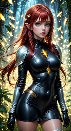 (8K, top quality, masterpiece: 1.2), (realistic, photorealistic: 1.37), Super Detail, one girl, wide viewing angle, Firefly Garden, lots of small weak light and flying fireflies, night. (((masterpiece, best quality))), (elf), (1girl), solo, Bangs, red tinted hair,White cyber Skull armor,long black glovelack pantyhoses,Handsome standing with white boots, art style by Artgerm, by Kawacy, By Yusuke Murata