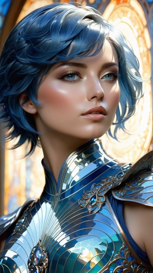 beautiful female warrior, short blue hair, shimmering jewels armor, in the style of Alfons Mucha, with emphasis on light play and the transparency of the glass, High and short depth of field, Ray tracing, FHD, hyper quality