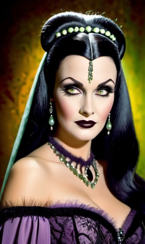 Beautiful portrait of model woman as Lily Munster in costume from the tv show “The Munsters”Hide