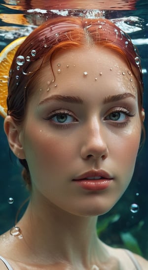 Subject: Female face partially submerged underwater.
Environment: Underwater, with a sense of tranquility.
Style: Hyper-realistic with a touch of surrealism.
Technique: Digital painting.
Medium: Digital art.
Artist reference: Style reminiscent of Renaissance portraits with a modern twist.
Composition: Close-up of the face, with water and air bubbles surrounding it.
Color: Warm tones, oranges and reds near the top, transitioning to cooler, neutral tones towards the bottom.
Aesthetic: Ethereal, serene, introspective.
