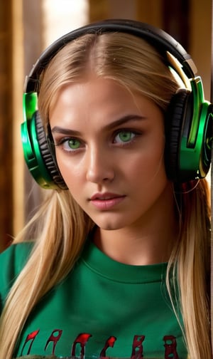 1girl, (masterpiece), best quality, expressive eyes, perfect face, long blonde hair, green eyes, brown eyebrows, moles under eye, ((headphones on the girl's head)), clothes: 0.7, ((horror)), ((blood)), ((blood on the face)), the world of illusions, details:1.5, darkener: 1.5, upper body, ((Halloween)), ((gold))