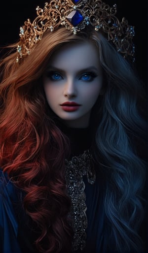 Create an image of an individual with long, curly hair wearing an ornate headpiece adorned with gemstones that glows against a dark backdrop. The individual should have an air of regality and drama, draped in ruffled garments in shades of deep reds and blues to enhance the moody atmosphere.
