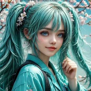 hatune miku, aqua hair, twin tails, ((ultra-detailed)), ((illustration)), ((disheveled hair)), (beautiful detailed eyes), beautiful, amazing, detailed eyes, smile, waving, ((in spring, cherry blosssom)), isometric, Character sheet, clothes sheet, , 