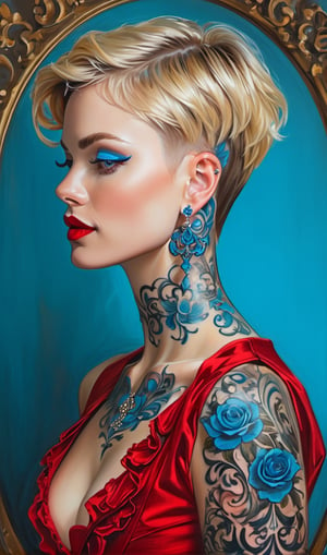 Artgerm and Rubens inspired painting of a super Victorian Cara Mason, super short blonde pixie cut coiffure with ebony razor shaved sides and whimsical curls, her back adorned with mantra-scripted blue tattoo, blue lit grey eyes shimmering with wisdom, in a sexy red Victorian dress that beautifully contours her figure, delicate earrings designed to mirror the tattoo motif, high heels accentuating her stance, the sumptuous grace of her 35 years encapsulated in her confident poise