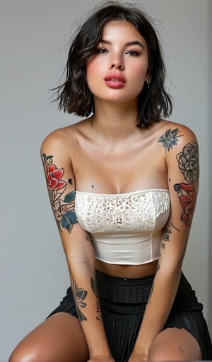 1girl, solo, breasts, short hair, skirt, simple background, black hair, white background, bare shoulders, brown eyes, medium breasts, sitting, parted lips, lips, strapless, tattoo, realistic, tube top, arm tattoo