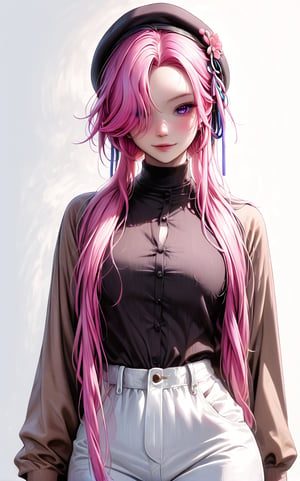 masterpiece, best quality, ultra-detailed, beautiful, nai3, aesthetic, 1girl, solo, taoqi-ww, purple eyes,pink hair,short hair,hair ornament,hair over one eye, long locks, sidelocks, smile, blush, brown jacket, gingham shirt, pants, beret, 