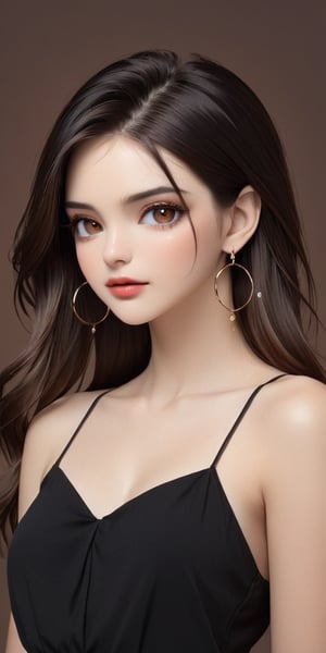 1girl, solo, long hair, looking at viewer, simple background, brown hair, black hair, bare shoulders, brown eyes, jewelry, upper body, earrings, pants, artist name, lips, makeup, half-closed eyes, ring, brown background, hoop earrings