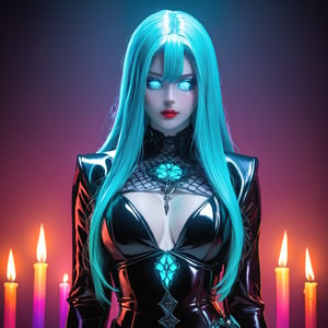  priestess' hair surrounded by candles , bad-girl,1goddess, Howard Gibson, gothic art,glowing eyes, neon blacklight color scheme, multicolorful art, shiny colors, beautiful female android, blue coloring, antialiased,she's living flora, colorful character design,