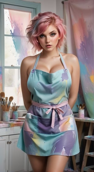 an accurate rendering of a  sexy seductive, different poses with very provocative large breasts, girl at an art studio, her apron splattered with pastel paint hues, focusing intensely on a canvas that bursts with soft pastel colors, in a studio bathed in natural light filtering through pastel sheer curtains 