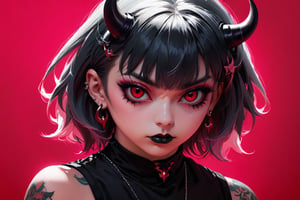 1girl, solo, looking at viewer, bangs, jewelry, closed mouth, (((monochrome))), upper body, earrings, horns, medium hair, tattoo, piercing, pink background, ear piercing, red background, colored sclera, black sclera