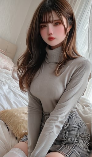 1girl, solo, long hair, looking at viewer, bangs, skirt, brown hair, black hair, thighhighs, long sleeves, sitting, closed mouth, underwear, panties, indoors, white panties, sweater, white thighhighs, lips, pillow, plaid, dutch angle, bed, on bed, plaid skirt, pantyshot, realistic, grey sweater