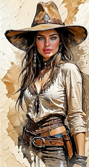 (((beautiful attractive female in her twenties, caucasian))), Wild West Style, Half-elf witch, dnd, desert, palette-knife, ink-brush, ink water character design, ornate details, surreal, concept art, encaustic paint, art on a cracked paper, dynamic spectrum lighting, glossy, comic style