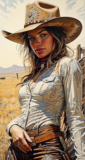 Wild West Cowgirl by Aaron Horkey, sun-bleached realism, etched complexity, midday clarity, ultra-detailed