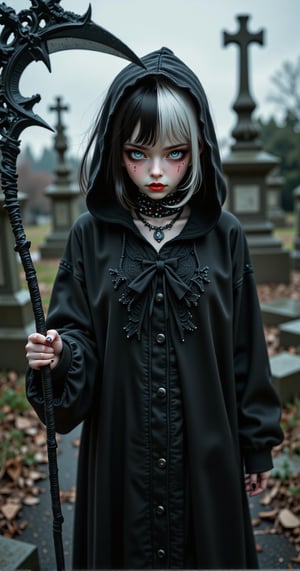 (masterpiece, best quality:1.2), [graveyar:girl:0.9], 1girl, solo, beautiful, gothic, witch, gloomy, Asian woman, mature, black clothing, hooded black robe, modest clothing, hood up, goddess of death, blank expression, split dye hair, multicolored hair, black and white hair, black dye on right side, white hair on left side, messy hair, bangs, black eyebrows, thick eyebrows, long eyelashes, grey eyes, dark circles under eyes, plump lips, red lipstick, red lips, no skin showing, skinny, pale skin, thin, sickly looking, looking at viewer, holding scythe, in graveyard, Wylona Hayashi, all black clothing, black hood, full body shot, cemetery background, standing, standing in a cemetery, holding scythe, windy, wind blowing, black long sleeves,FluxGothicRealnime,REALNIME