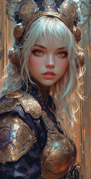 abstract photorealistic ink image in vivid, surreal colour gradient, closeup side portrait of korean woman wearing fantasy leather and bronze plate armour, long bleached hair, bangs  ,illustr3alFlux,ILLUSTRANIME,REALNIME