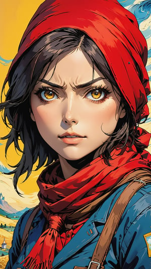 mikasa ackerman in the style of vincent van gogh, portrait, aggresive, extreme detail, anime, wearing a red scarf, yellow background