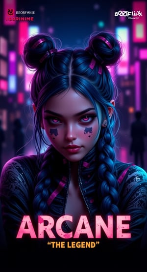 Design a movie poster with a fantasy theme inspired by Arcane from League of Legends. The poster should be dramatic and visually compelling, vibrant and striking. Feature a detailed close-up of Jinx’s face and shoulders at the forefront, showcasing her with a manic, mischievous smile, pink eyes and blue long braided hair. Behind her, create a dark cityscape background illuminated with neon lights. Place the title Arcane prominently in large, bold, fantasy-themed font at the bottom of the poster. Ensure the title is eye-catching and aligns with the epic tone of the design. Add the subtitle “by League of Legends” in a very small, yellow font with shadows, situated just below the main title. Incorporate the label (((("BOOFLUX")))) in red and white, in a smaller, modern font in one top corner of the poster, making sure it’s visible but does not overshadow the main title,REALNIME, QTGIRLREAL,ILLUSTRANIME