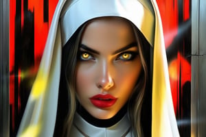 realistic, nun, lips, looking at viewer, 1girl, solo, yellow eyes, reflection, horror \(theme\), demonic nun\(Valack\),
