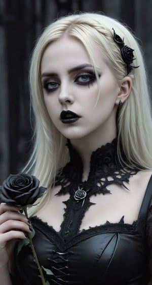 Highy detailed image, cinematic shot, (bright and intense:1.2), wide shot, perfect centralization, side view, dynamic pose, crisp, defined, HQ, detailed, HD, dynamic light & pose, motion, moody, intricate, 1girl, blonde  (((goth))) holding a black rose, attractive, clear facial expression, perfect hands, emotional, hyperrealistic inspired by necronomicon art, my baby just cares for me, fantasy horror art, photorealistic dark concept art
,goth person