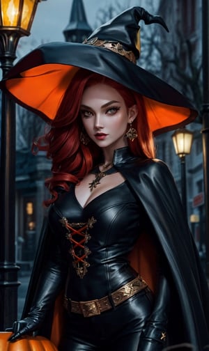 Halloween Night, Close up of A pretty witch with red hair and a witch hat and a black cape sit togehter with a black cat on a motorcycle, a pumpkin on the street, dark night scene, bats, village street, mysterious, yellow orange black colorscheme, digital painting, Beautiful face, perfect anatomy, perfect eyes, detailed eyes, golden ratio, award-winning, professional, highly detailed, centered, symmetry, painted, intricate, volumetric lighting, gorgeous, masterpiece, sharp focus, vivid colors, highly detailed, UHD perfect composition, insanely beautiful and intricately detailed octane rendering trending in artstation, 8k art photography, photorealistic concept art, perfect light soft natural volumetric cinematic., Mysterious