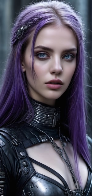 By HR Giger and Luis Royo and Victoria Frances and "ghost in the shell" and "altered carbon", The image is a close-up portrait of a Spanish teenage cyborg with long purple hair and piercing eyes. The cyborg has an anthropomorphic humanoid appearance with immaculate clean pale smooth skin. They are depicted at an underground industrial party, wearing a crop top. The overall aesthetic is a combination of grungy gothic and cyberpunk, with elements of dark neon punk, bubble goth, and mall goth. The style of the image is hyperrealistic and extremely detailed, resembling a cinematic photograph. It showcases intricate details of the cyborg's face and body, emphasizing their slender symmetrical physique and straight fringe. The image captures a techno-mystic atmosphere with a touch of android mysticism, incorporating terminator tech