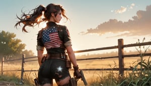 score_9, score_8_up, score_7_up, score_6_up, score_5_up  1girl, solo, long hair, brown hair, gloves, ponytail, weapon, outdoors, belt, (((from behind))), gun, grass, handgun, fence, holster,  standing in ((((front of American flag in the distance torn))))) still  standing in wasteland, soldier girl,
