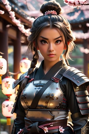 Young Samurai with long (((platinuim with black lines)))  hair and ponytail, wearing samurai armor, standing in a Japanese temple, cherry blossom petals falling, illuminated lanterns, glowing sunrise, tranquil lighting, ethereal lighting, delicate shadows, ((beautiful detailed eyes, symmetrical eyes), dramatic lighting, (photorealism 1. 5), (photorealistic 1. 4), (8k, RAW photo, masterpiece), High detail RAW color photo, a professional photo, realistic, (highest quality), (best shadow), (best illustration), ultra high resolution, highly detailed CG unified 8K wallpapers, physics-based rendering, photo, realistic, realism, high contrast, hyperrealism, photography, f1. 6 lens, rich colors, hyper-realistic lifelike texture, cinestill 800)