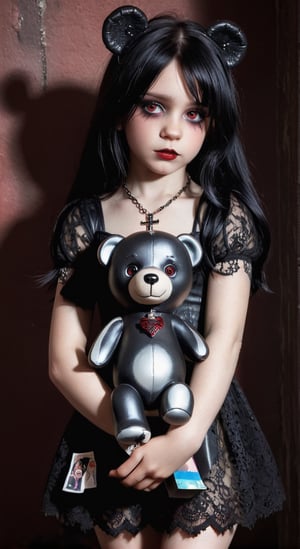 A pale-skinned gothic tattooed little girl in a tattered black lace dress, with dark makeup and a silver cross necklace, clutching her demon Teddy bear. The girl's jet-black hair cascades down her shoulders, framing her eerie, pale face. The Teddy bear is a haunting creature with vibrant red eyes, sharp fangs, and charred, tattered fur. They stand together in the dimly lit room, shadows dancing in the background, creating a chilling and otherworldly atmosphere. 24k ultra-HD hyperdetailed, 22k ultra-HD hyper-realistic, 22k ultra-HD colors and tones, award-winning animations, and illustrations seamlessly meld with the image before you. Artist done by Russell Atkinson
