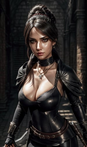 a (full body) short of a beautiful female assassin, full length portrait, photorealistic, wide field of view, sunlight and shadows, necklace, beautiful face, 8k, hdr, raytracing, black eyeliner, large eyes, big breast, hyper detailed eyes, sharp focus, full view, perfect composition, twin daggers, black leggings