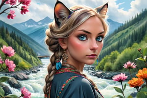 Cat Eyes big fluffy cat Ears braided hair woman Cat Eyes cat... watercolor in Shishkin style landscape, stormy river, bright flowers, sky, high mountains, dense trees, bridge, trending on artstation, sharp focus, studio photo, intricate details, highly detailed, by greg rutkowski