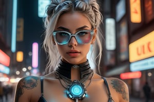 Beautiful cyber punk girl, jewelry, glasses, 8k, insane Details, Micro details, ultra HD, shiny, silver Shiny, woman body with insane details, Micro details, Bright Dynamic light, posing, ultra hd, realistic, vivid colors, highly detailed, UHD drawing, pen and ink, perfect composition, beautiful detailed intricate insanely detailed octane render trending on artstation, 8k artistic photography, photorealistic concept art, soft natural volumetric cinematic perfect light,background strest neon ,city