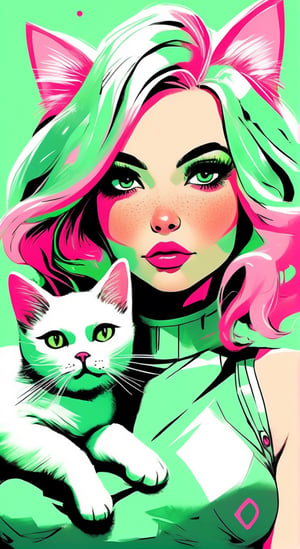  quirky sexy girl  solo breast with pink hair, in the style of Flat shading, Gemma Correll, with freckles and a cat on her shoulder, photo-manipulated, cyberpunk genre, pastel green realistic image.