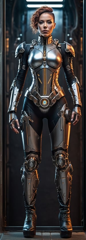 full body cyborg| full-length portrait| detailed face| symmetric| steampunk| cyberpunk| cyborg| intricate detailed| to scale| hyperrealistic| cinematic lighting| digital art,Movie Poster