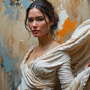 photo of a gorgeous young woman in the style of Guy Denning, draped in flowing fabric, warm impasto brush strokes, realistic, sharp focus, 8k high definition, insanely detailed, intricate, elegant, art by Tim Okamura and Jeremy Mann