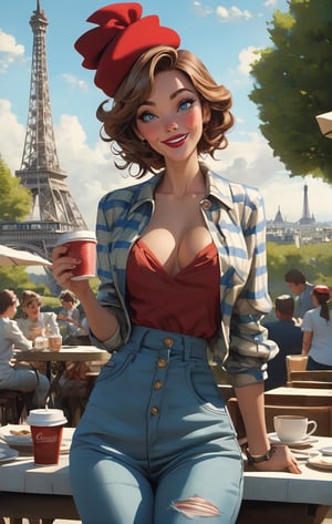 (masterpiece), best quality, expressive eyes, blue eyes, perfect face, outdoor cafe, Paris, (Eiffel Tower in background),  slender, slender legs, (perky breasts), cute blouse, (checkered coat), (long high waisted jeans), high heel boots, medium brown hair, braids, (freckles), coffee and pastries on table, red lipstick, (red beret), big smile, day









niji6
