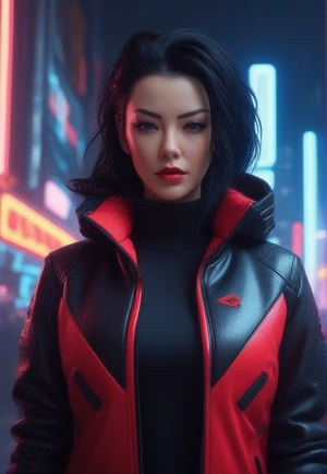 (masterpiece, high quality, realistic), cyberpunk woman, (black hair), wearing (black-red jacket), (nostalgic expression), (snowy cyberpunk city setting), (vivid neon lights), (detailed lighting contrast), (screens in background lighting), great attention to detail, (up close shot), (octane rendering), 8K resolution.