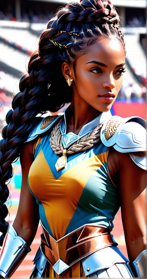 (((Photo Nafissatou Nafi thiam, africain braids hair,cinematic, 4k, Olympic games, Armor Saint Seiya , belgium color, track field stadium))))