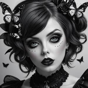 Create a hyper realistic monochrome photo of a goth woman from the hips up gazing in to the viewer soul. her mouth is covered by colourful butterfly while everything elese is in black and white, sentimental mood.,photoshop 