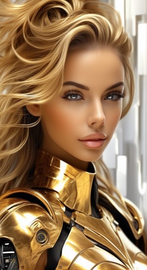 digital art images of beautiful with good form woman in futuristic cybernetic armor, beautiful golden hair , in the style of 32k uhd