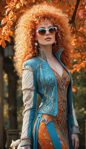 Half-body portrait of an Autumn Enchantress, perched on a biomechanical exoskeleton, suggestive of 3D print techniques, draped in a dress that mirrors the intricate weave of gossamer and autumn leaves, adorned with a celestial-themed ornate jacket embellished with gold buttons, her asymmetrically colored hair in hues of orange, white and turquoise, embracing an array of oversized sunglasses and whimsically curled strands, amidst a game of wolf-themed chess pieces, direct gaze engaging