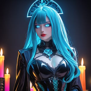  priestess' hair surrounded by candles , bad-girl,1goddess, Howard Gibson, gothic art,glowing eyes, neon blacklight color scheme, multicolorful art, shiny colors, beautiful female android, blue coloring, antialiased,she's living flora, colorful character design,