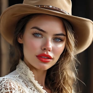 Old West 1887, Breathtaking Beauty, center of photo, woman (((sexy lips, cowgirl hat)))  looking at camera, delicate face, intense expression, perfect eyes, perfect mouth, perfect nose, delicate lace, 16k, sharp focus, 4 k resolution blade runner, stunning, breathtaking beauty, pure perfection, divine presence, unforgettable, impressive, breathtaking beauty