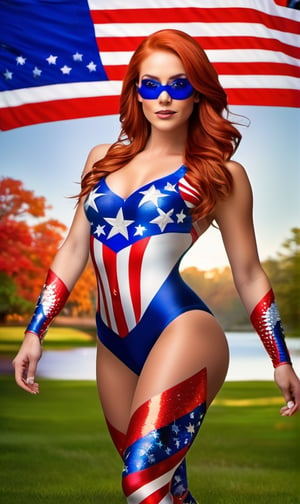 (((Ultra detailed, beautiful face, Megapixel))) A vivacious and patriotic young woman, with ((fiery, shoulder-length red hair)), exudes enthusiasm and energy as she traverses on her hands and feet, celebrating the USA with every move. Her eyes, a warm and inviting shade of ((hazel)), mirror the colors of autumn leaves. Her athletic and toned body, adorned with vibrant face paint resembling the USA flag, showcases her dedication to the country she loves. Dressed in a dynamic bodysuit, the fabric features an artistic rendition of the USA flag in a mosaic style, with intricate details and patterns that pay homage to the nation's history and culture. The bodysuit's flexible material allows her to move with ease and grace as she walks on her hands and feet. On her hands, she wears red, white, and blue wristbands, while her feet are adorned with matching anklets, symbolizing her unwavering commitment to the USA. In the background, the majestic landscapes of the United States create a breathtaking scene, capturing the essence of the country's beauty and diversity.