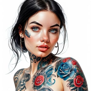 tattooed girl, photorealistic illustration, white background