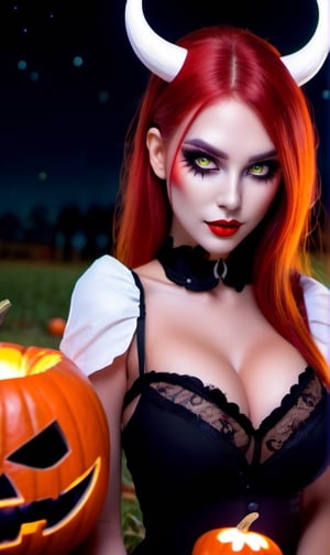 Demon girl they are with white horns , red hair, night , around the field and Halloween pumpkins, detailing 8k 