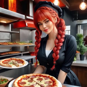 Ink painting, Abstract watercolor, Beautiful red braided hair  preparing pizza having cheese and beef hot, wild background, high resolution, high quality, high definition, pretty face, waiters dress