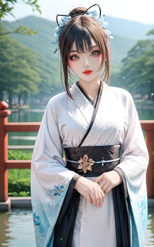 Very beautiful and elegant girl in kimono, asian park in background, attractive asian makeup, digital art, professional style, front view, pretty detailed, detailed image, detailed skin, ((medium shot image)), blush, extremely beautiful woman, ((masterpiece quality: 2)), light particles, attractive image, reflections,