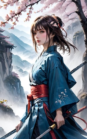 “A breathtaking illustration of a beautiful female samurai in a cool pose, easy for animation, set against a wuxia-inspired backdrop. The scene includes a misty, ethereal mountain landscape reminiscent of traditional Japanese ink paintings, with cherry blossoms gently falling around her. The atmosphere is serene yet charged with a subtle energy that suggests an untold story, detailed and stunning.” Wuxia dragon sword, Beautiful,  short brown hair