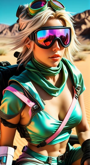 female character wearing goggles while sitting in the desert, in the style of cyberpunk imagery, realistic hyper-detailed portraits, womancore, metallic accents, outrun, hyper-realistic pop, angelcore