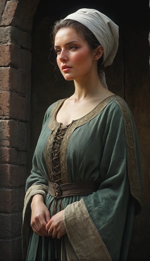 female, half elf, stray, middel ages, scruffy, simple medieval clothing, servant, perfect composition, beautiful detailed intricate insanely detailed octane render trending on artstation, 8 k artistic photography, photorealistic concept art, soft natural volumetric cinematic perfect light, chiaroscuro, award - winning photograph, masterpiece, oil on canvas, raphael, caravaggio, greg rutkowski, beeple, beksinski, giger